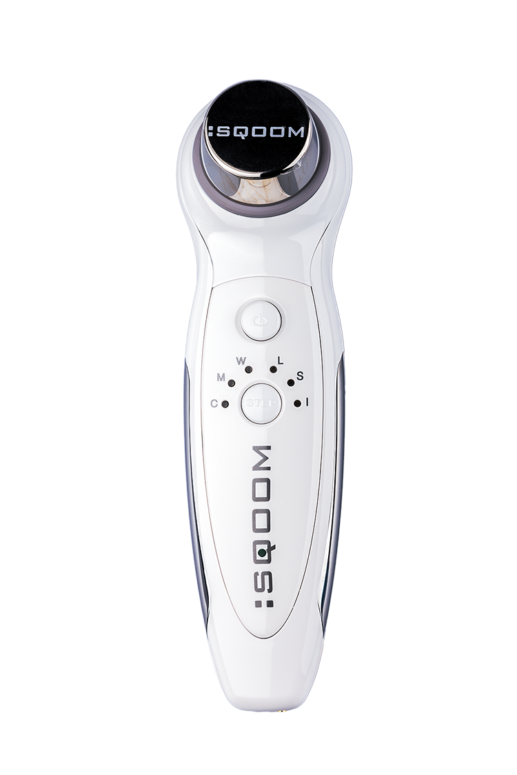 SQOOM M2 Skincare device with ultrasound and iontophoresis technology, featuring seven modes for facial treatments.