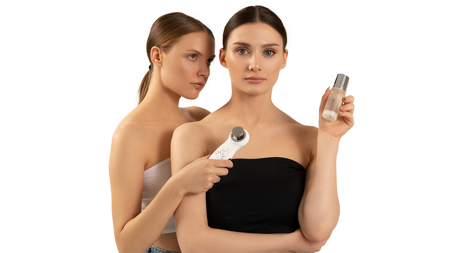 Models demonstrating SQOOM, holding a skincare device and a bottle of vegan hyaluronic acid anti-aging serum.